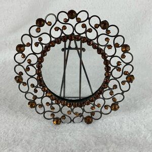 Metal Photo Frame Round With Amber Rhinestones Retro 5" Diameter‎ Photo Size 3"